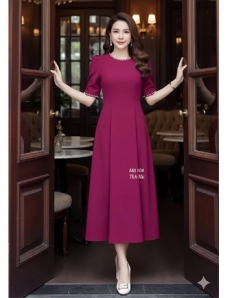 Đầm 8 mảnh cồ ngọc màu hồng sen  - F104