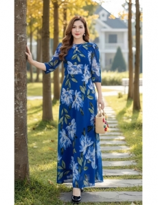 Đầm maxi voan bông cổ tròn màu xanh dương  - F116