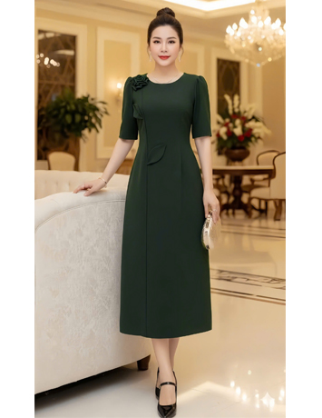  Đầm dáng chữ A màu xanh rêu đính hoa thủ công - F118