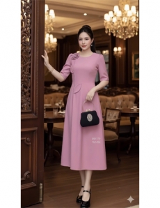  Đầm dáng chữ A màu hồng đính hoa lá thủ công - F119