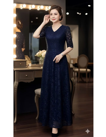 Đầm ren maxi cổ tim hạt kim sa màu xanh đen   - F130