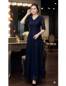 Đầm ren maxi cổ tim hạt kim sa màu xanh đen   - F130