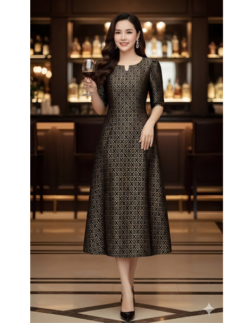 Đầm body suông gấm màu đen họa tiết hoa vàng - F137