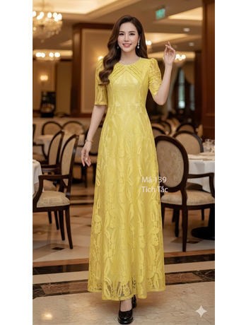 Đầm ren maxi màu vàng chanh cổ may xếp ly - F139