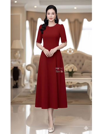 Đầm 8 mảnh cồ ngọc màu đỏ ruby  - F141