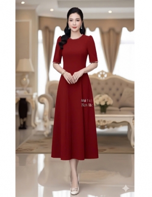 Đầm 8 mảnh cồ ngọc màu đỏ ruby  - F141