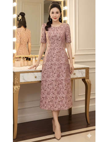 Đầm gấm hoa dáng A màu hồng - F142