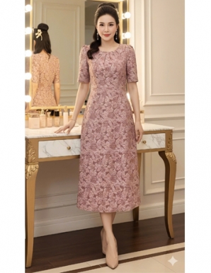 Đầm gấm hoa dáng A màu hồng - F142