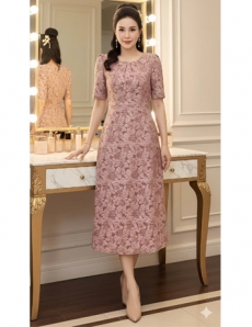 Đầm gấm hoa dáng A màu hồng - F142