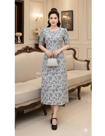 Đầm gấm hoa dáng A màu xanh - F143