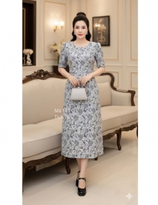 Đầm gấm hoa dáng A màu xanh - F143