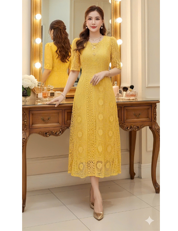 Đầm REN chỉ dáng A màu Vàng - F145