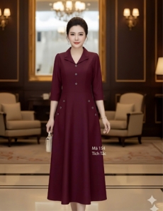Đầm cổ vest màu nho dáng xòe - F154