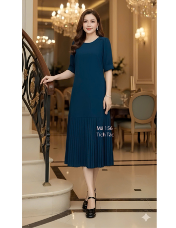 Đầm cổ tròn dập ly vai đính nút màu xanh dương  F156