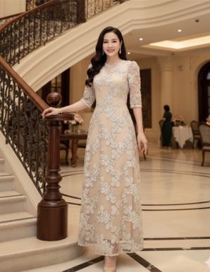 Đầm REN lưới Thêu hoa màu da - F158