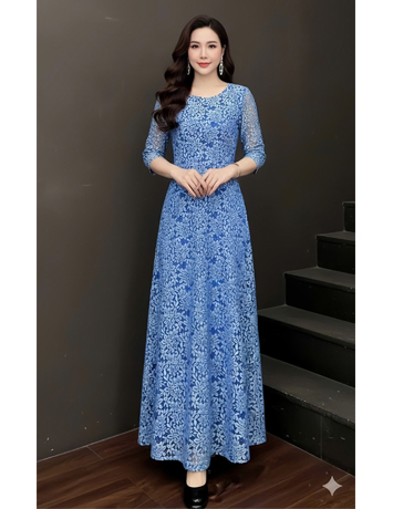 Đầm ren maxi màu xanh biển cổ tròn - F159