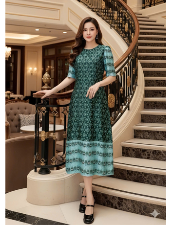 Đầm xuông họa tiết thổ cẩm màu xanh ve chai - F160