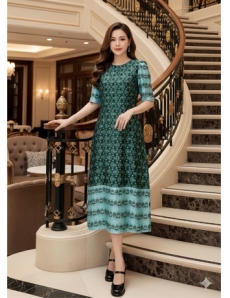 Đầm xuông họa tiết thổ cẩm màu xanh ve chai - F160