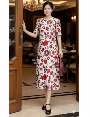 Đầm suông nền Kem hoa đỏ - F161