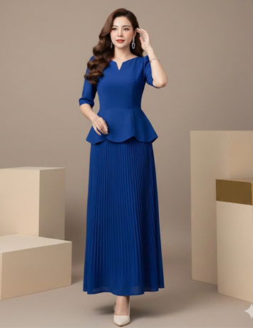 Đầm phối peplum dập ly màu xanh Coban- F162