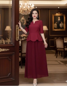 Đầm phối peplum dập ly màu đỏ đô - F163