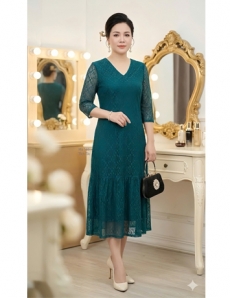  Đầm ren xuông chân bèo đuôi cá màu xanh   - F165