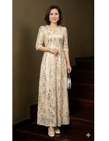  Đầm ren maxi màu kem có kim sa - F166