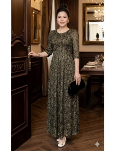  Đầm ren maxi màu vàng đen cổ tròn  - F167