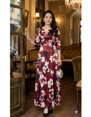 Đầm Lụa maxi màu đỏ họa tiết hoa - F173