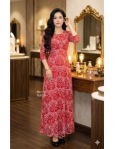 Đầm ren lưới họa tiết vân nổi màu đỏ - F175