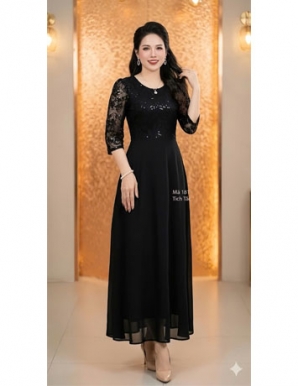Đầm voan phối ren cổ tròn hạt kim sa màu đen - F181