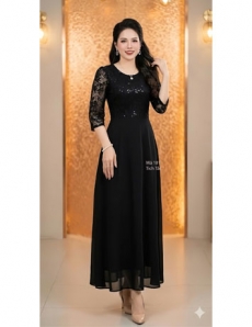 Đầm voan phối ren cổ tròn hạt kim sa màu đen - F181