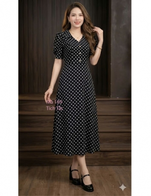 Đầm lụa mango màu đen chấm bi - F189