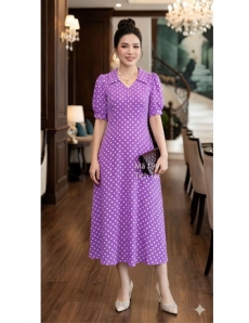  Đầm lụa mango màu tím chấm bi - F190
