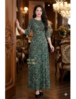 Đầm maxi voan cổ tròn họa tiết lá cây màu xanh - F191