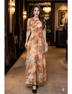 Đầm maxi voan cổ tròn họa tiết màu nâu  - F192