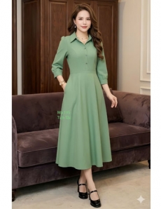 Đầm cổ sơ mi màu xanh đậu dáng xòe - F195