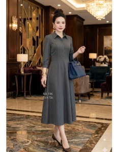 Đầm cổ sơ mi màu xám lông chuột dáng xòe - F196