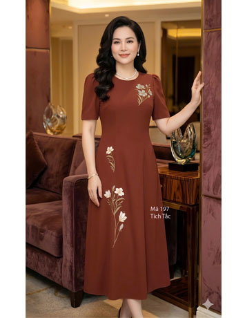 Đầm 8 mảnh màu cam gạch thêu hoa - F197