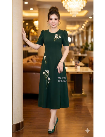 Đầm 8 mảnh màu Xanh Rêu thêu hoa - F198