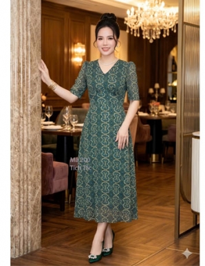 Đầm xòe cổ tim họa tiết sọc hoa màu xanh  - F200