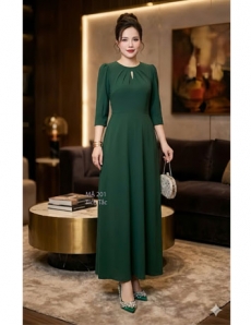 Đầm maxi voan cổ tròn màu xanh rêu  - F201