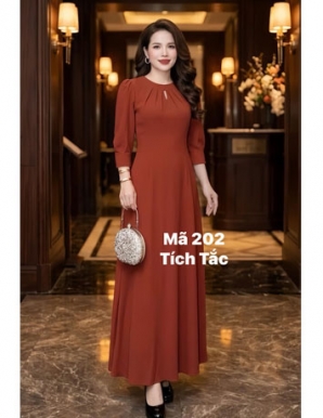  Đầm maxi voan cổ tròn màu cam - F202