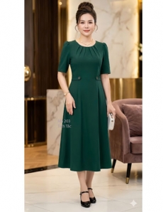 Đầm dáng chữ A cổ xếp ly màu xanh ve chai - F203