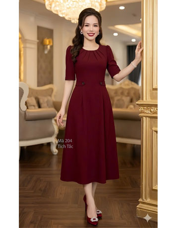 Đầm dáng chữ A cổ xếp ly màu đỏ - F204