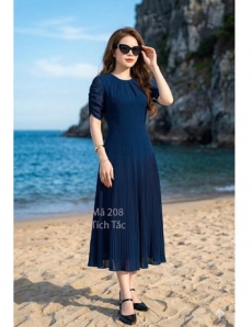 Đầm dập ly cổ xếp ly tay nhúng màu xanh đen   - F208