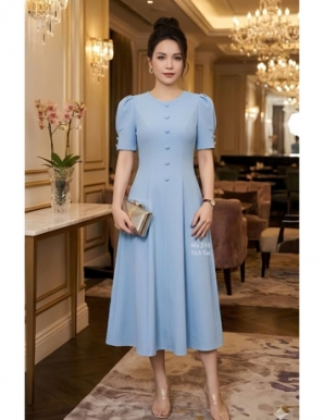 Đầm 8 mảnh cồ tròn 10 nút màu xanh biển - F210