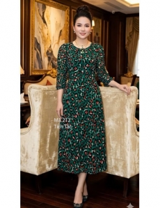 Đầm xòe cổ tròn họa tiết beo màu xanh  - F212