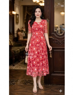 Đầm ren lưới ép hoa họa tiết vân nổi màu đỏ - F214