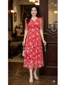 Đầm ren lưới ép hoa họa tiết vân nổi màu đỏ - F214